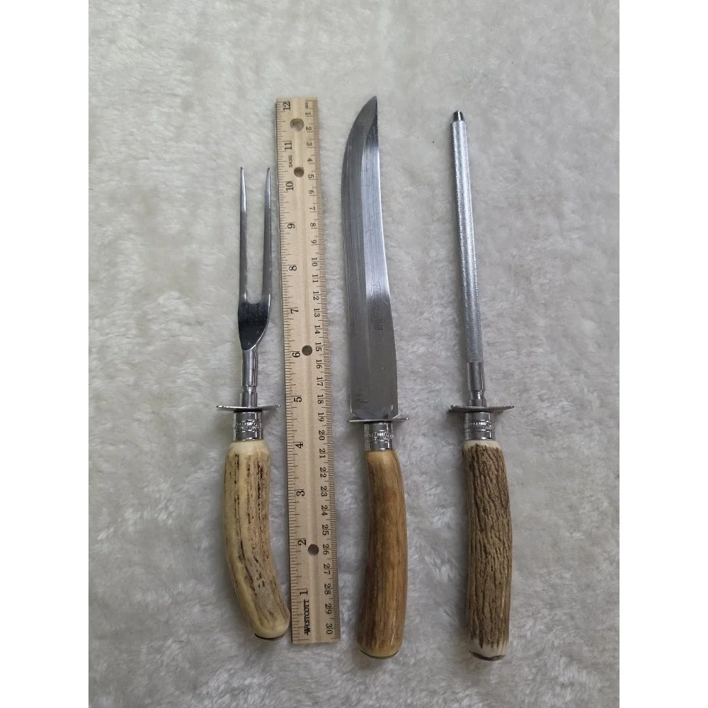 Vintage Englishtown Carving Set With Sharpening Steel Stag Horn‎ Antler Handles